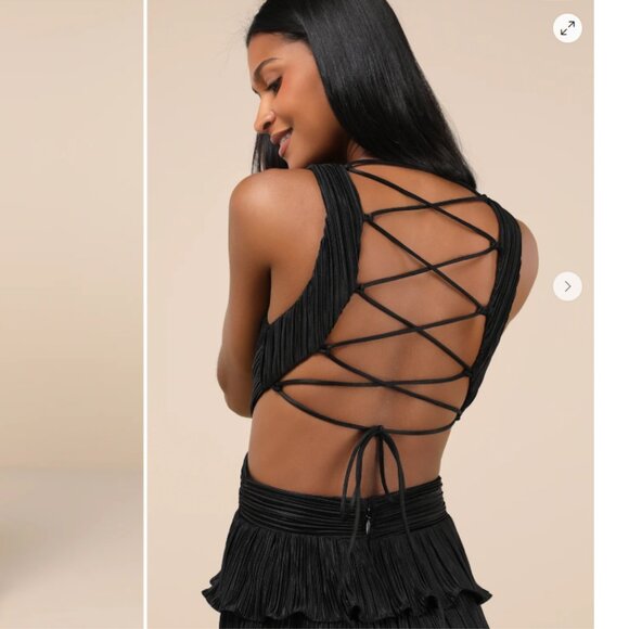 Lulus Black Satin Pleated Tiered Lace-Up Maxi Dress XS - Picture 4 of 10